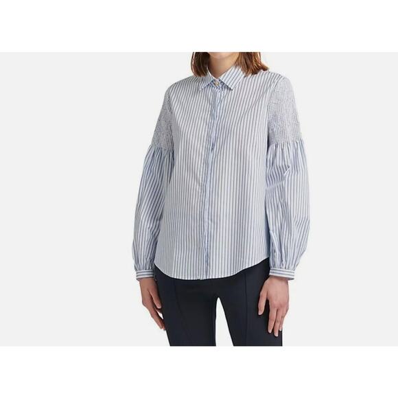 DONNA KARAN Top M Stripe Smocked Sleeve Hidden Button Blouse Stretch Cotton Blue - Picture 1 of 14
